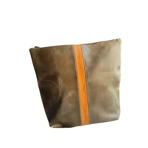 ABLE “Emmet” Leather Fold-over Clutch, Laptop‎ Pouch/Sleeve Zip Purse Green Tan - Picture 1 of 9